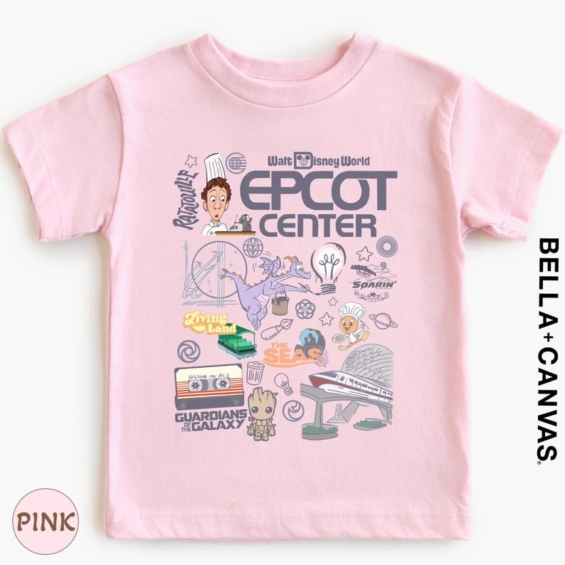A pink t-shirt with various Disney-themed illustrations and text, including characters, landmarks, and objects associated with the Walt Disney World Epcot Center.