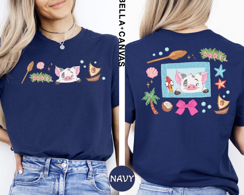 a woman wearing a navy blue t-shirt with a colorful graphic design on the back.