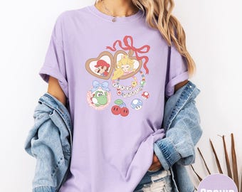 Vintage Super Mario Comfort Colors Shirt, Retro Princess Peach Coquette Bow Tee, Cute Mario 1985 Family Trip Shirt