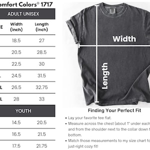 The image is a size chart for a gray t-shirt, specifically for an adult unisex. The chart provides measurements for different age groups, including youth, and includes a section for finding the perfect fit.
