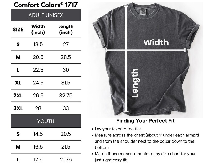 The image is a size chart for a gray t-shirt, specifically for an adult unisex. The chart provides measurements for different age groups, including youth, and includes a section for finding the perfect fit.