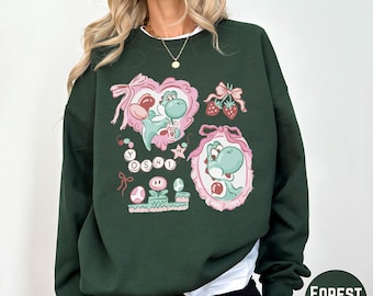 Mario Yoshi Coquette Sweatshirt, Bow Strawberry Nintendo Pullover Hoodie Gift for Her