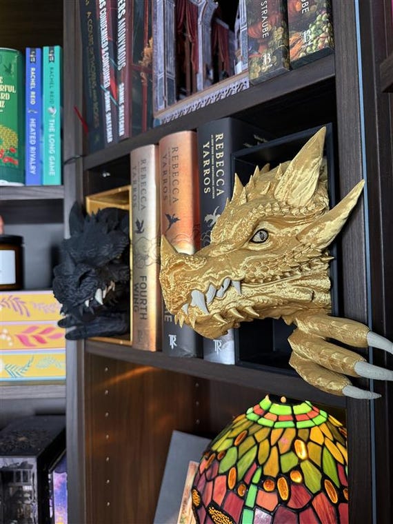 Fourth Wing Inspired Dragon Bookends | Black & Gold Dragon Bookends | Hand-Painted Eyes | Tairn and Andarna Inspired Bookend | Multi-Colored