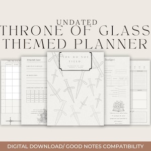 Könnte beinhalten: Ein undatierter "Throne of Glass" Themenplaner mit mehreren offenen Seiten. Das Cover zeigt ein Schwertdesign und die Worte "Do Not Yield". Der Planer ist ein digitaler Download und kompatibel mit Good Notes.