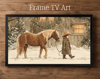 Cornice vintage TV Art Natale Cavallo e bambino Inverno Neve Fienile • Dipinto a olio Cavallo Cornice digitale TV Art • Decorazione murale rustica occidentale