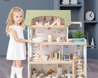 Casa de muñecas de madera de 4 pisos con muebles: Gran casa de juegos estilo Waldorf