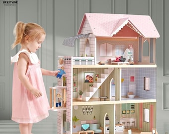 Gran casa de muñecas de madera con muebles, casa de juegos Waldorf de 3 pisos para niños, juego de 15 piezas de muebles, regalo de juego Montessori para niñas y niños.