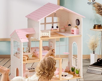 Casa de muñecas de madera con muebles, casa de juegos Waldorf de tres pisos, casa de muñecas grande de madera con 6 habitaciones y 37 accesorios, regalo para niños.