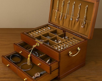 Joyero de madera hecho a mano: estilo vintage, organizador de 2 cajones con cerradura.