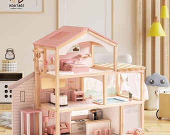 Gran casa de muñecas de madera con muebles, casa de muñecas Waldorf de 3 pisos, 6 habitaciones con 29 accesorios, regalo para niñas y niños.