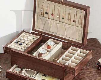 Joyero artesanal de madera de nogal para mujer, organizador de joyas con 3 cajones forrados de terciopelo, para guardar anillos, collares y pendientes, regalo para ella.
