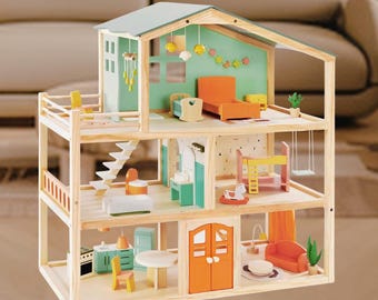 Wooden Dollhouse for Kids with Furniture Set, Large 5 Room Doll House with Balcony & Stairs, Eco Friendly Gift for Girls Boys