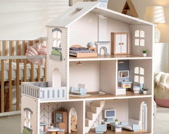 Casa de muñecas de madera para niños con muebles, casa de juegos Waldorf de 3 pisos, casa de muñecas Montessori de 6 habitaciones con 29 accesorios, regalo para niños.