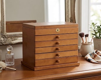Caja organizadora de joyas grande de madera con cerradura y espejo / Caja de almacenamiento de 5 niveles / Regalo para ella