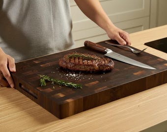 Tablas de cortar de nogal personalizadas, hechas a mano, con veta final y ranura para jugos / Tabla de cortar de madera con asa, regalo de cocina para ella