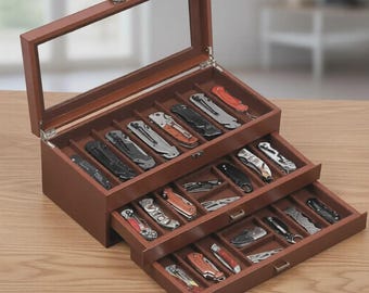 Caja de exhibición de cuchillos de madera: organizador de 3 niveles con cuero sintético y terciopelo, tapa de vidrio, almacenamiento para cuchillos de bolsillo, regalo para coleccionistas y para ella.