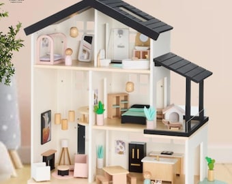 Casa de muñecas de madera con muebles, gran casa de juegos Waldorf de 3 pisos para niños, casa de muñecas con 40 accesorios, regalo para niñas y niños.