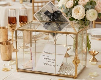 Geometric Brass Glass Wedding Card Box with Heart Lock, Elegant Reception Keepsake