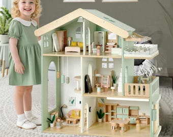 Gran casa de muñecas de madera con muebles, casa de juegos Waldorf de 3 pisos para niños, casa de muñecas con 53 accesorios, regalo para niños.