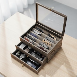 Walnut Knife Display Case: 3-Tier Wooden Organizer with Locking Drawer