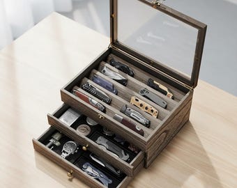 Vitrina para cuchillos de nogal: organizador de madera de 3 niveles con cajón con cerradura.