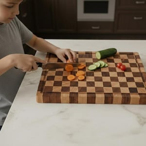 May include: A checkered wooden cutting board with a dark brown and light brown pattern. Sliced carrots, cucumber, and cherry tomatoes are on the board. A person is using a knife to slice a carrot.