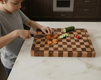 Handmade Wooden End Grain Cutting Board for Kitchen, Checkered BBQ Butcher Block with Juice Groove, Chopping Board