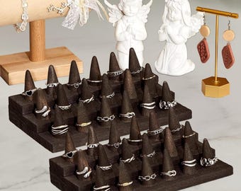 Soporte de madera para anillos en forma de cono (juego de 2): Expositor de joyería vintage de 3 niveles.