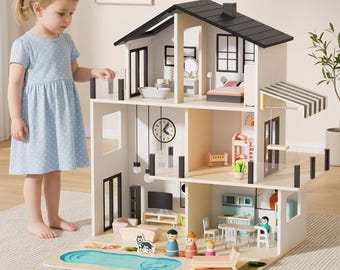 Casa de muñecas de madera de 3 pisos con muebles, casa de juegos Montessori Waldorf, 44 piezas de accesorios de muebles, juguete de imitación, regalo para niños.