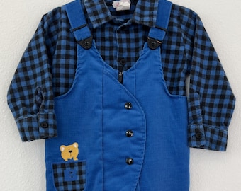 Vintage 1980s Buster Brown Baby Outfit (18 Months) | Corduroy Overalls & Plaid Shirt