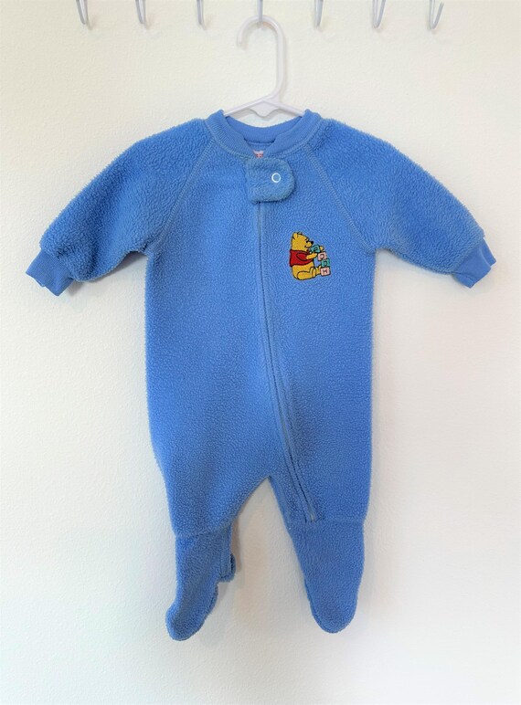 Vintage Winnie the Pooh Fleece Romper | Blue Disney Baby Footie | 18–24 Months | Zip Front One-Piece