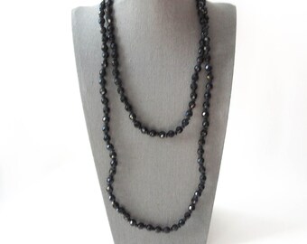 Black Czech Faceted Glass Bead Necklace Extra Long