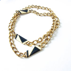 Monet Gold Tone Necklace Navy Blue Cream Enamel Heavy Chunky Jewelry