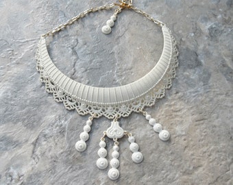 White Celluloid Necklace Lace Pattern Bib Plate