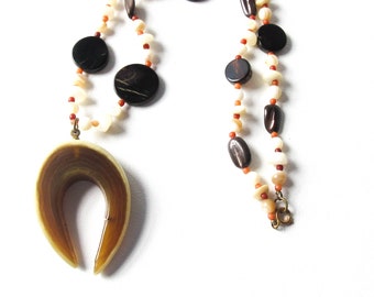 Horn Horseshoe Necklace with Agate and Abalone Beads