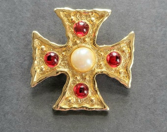 Maltese Cross Brooch Pin Gold Tone with Faux Pearl and Red Stones