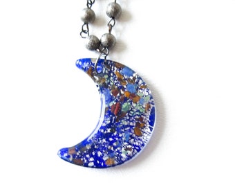 Blue Glass Crescent Moon Necklace Gift for Her Summer Accessories