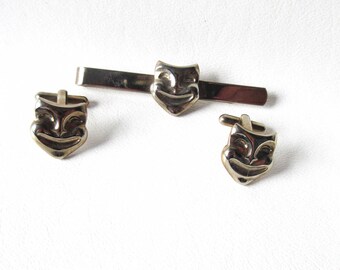 Drama Mask Cufflink and Tie Clip Set Silver Tone Cuff Links