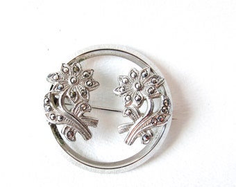 Marcasite Flower Circle Pin Brooch Silver Tone Jewelry