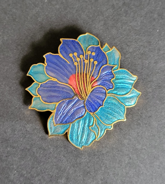 Cloisonne Purple and Green Flower Brooch Pin