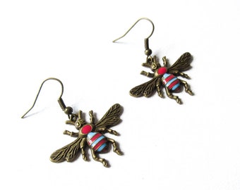 Bee Earrings, Turquoise and Coral Enamel Charms, Insect Jewelry, Summer Accessories