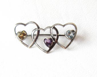 Sterling Silver Triple Heart Pin with Citrine Amethyst and Blue Topaz Birthstone Jewelry