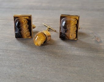 Anson Carved Tiger Eye Cufflink and Tie Tac Set !2k Gold Filled Roman Soldier