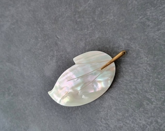 Leaf Pin Brooch Mother of Pearl With Gold Tone Stem Vintage Western Germany Shell Jewelry