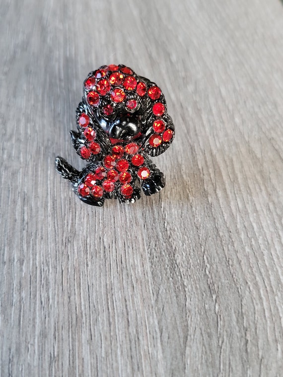 Pell Poodle Pin Red Rhinestones Black Japanned Fin