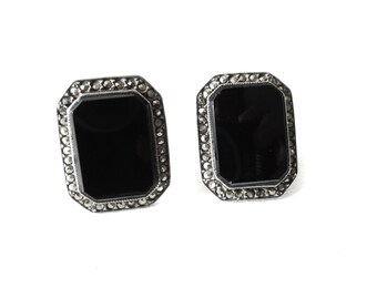 Vintage Onyx Sterling and Marcasite Clip-On Earrings