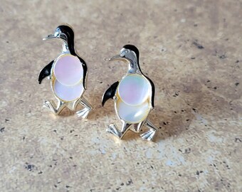 Mother of Pearl Penguin Pin Pair Gold Tone