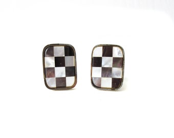 Mother of Pearl Checkerboard Cufflinks Gold Tone