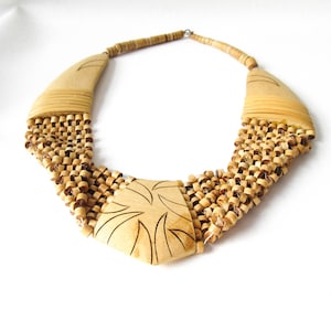 Wood Bead Weave Necklace with Leaf Pendant