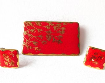 Red and Gold Ceramic Flower Pin Brooch and Earrings Set Floral Jewelry